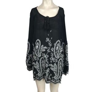 STYLE & CO - WOMEN'S XXL - BLACK EMBROIDERED LONG SLEEVE ROUND NECK BOHO TOP